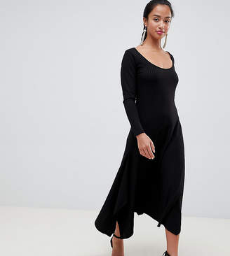 ASOS Petite DESIGN Petite scoop neck rib midi dress with asymmetric skirt-Black