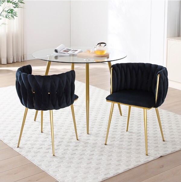 GulchesSetof2ModernVelvetDiningChairsWovenBackrestGoldenMetalLegsUpholsteredforDiningRoomKitchenVanityLivingRoomBedroomBlack