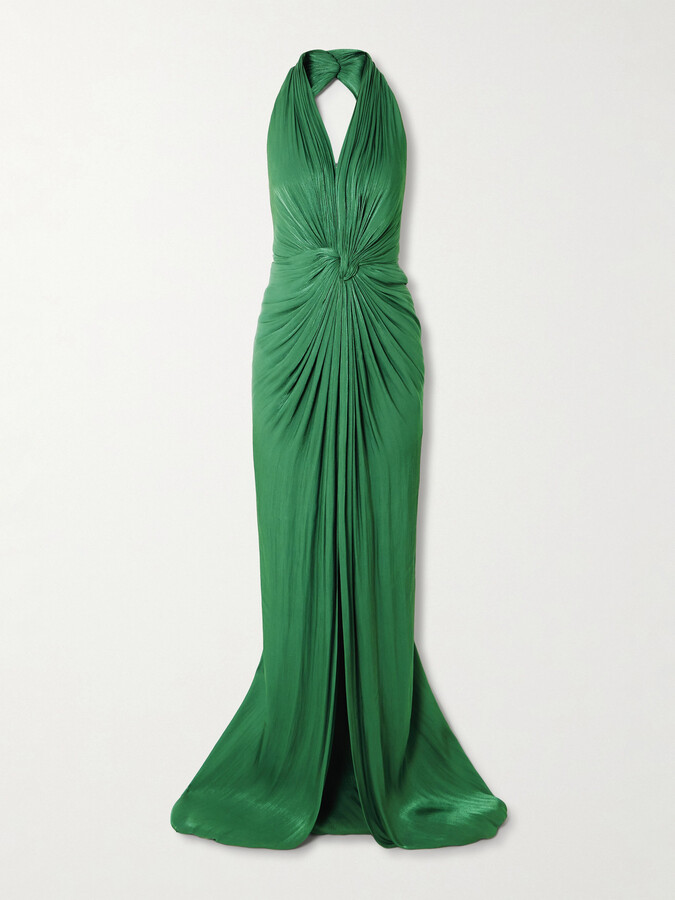 Costarellos Twist-front Metallic Georgette Halterneck Gown - Green