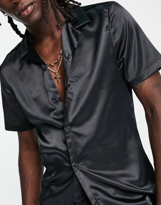 asos design skinny satin shirt in black