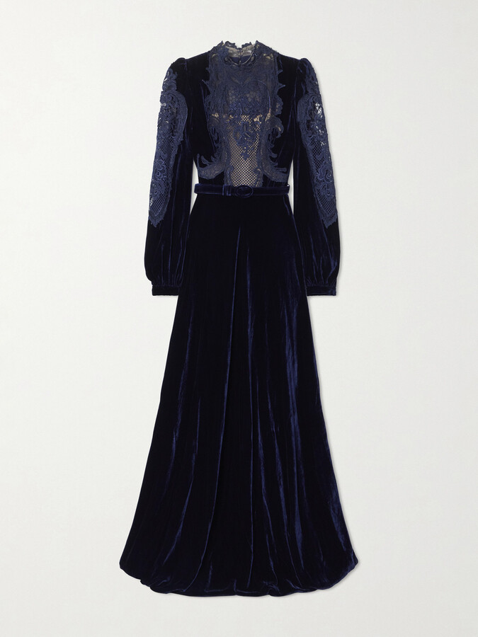 Costarellos Belted Lace-paneled Velvet Gown - Blue