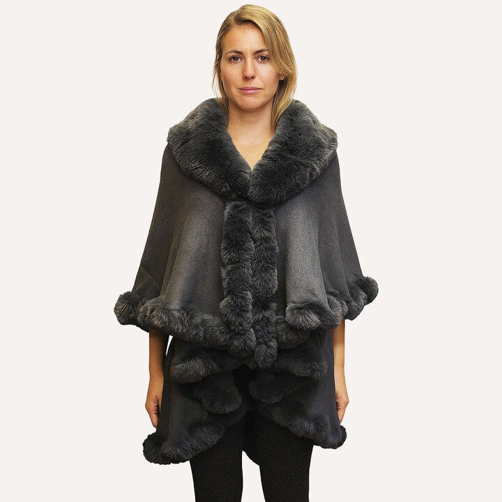 TRUEDAMES Elegant Faux Fur Trim Cape Poncho