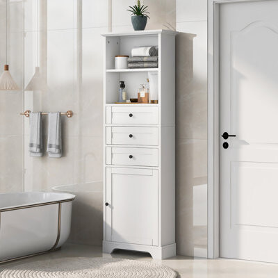 Winston Porter White Tall Storage Cabinet With 3 Drawers And Adjustable Shelves For Bathroom Kitchen And Living Room MDF Board With Painted Finish
