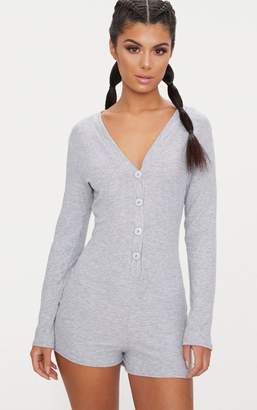 PrettyLittleThing Grey Marl Ribbed Button Detail PJ Romper