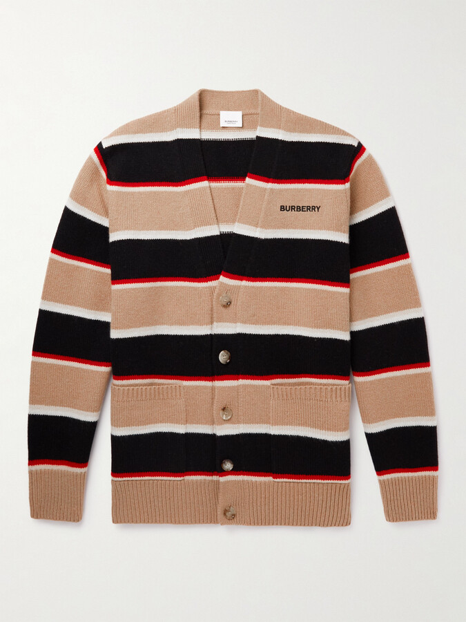 Burberry Logo-Embroidered Striped Wool and Cashmere-Blend Cardigan