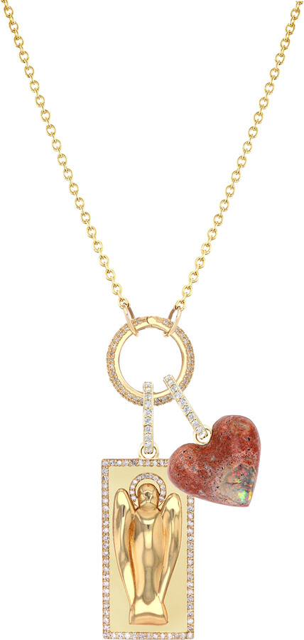 Sheryl Lowe 14k Guardian Angel and Heartstone Opal Necklace