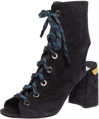 Prada Blue Suede Cut Out Lace Up Open Toe Block Heel Ankle Boots Size 40