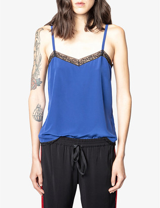 Zadig & Voltaire Camel lace-trimmed silk cami top