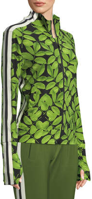 Norma Kamali Leaf-Print Side-Stripe Turtle Athletic Jacket