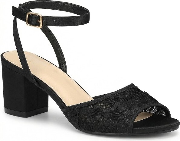 BLISSFUL STEP BLISSFULSTEPSatinLaceFloralAnkleStrapOpenToeChunkyHeelsSandalsforWomen7Black