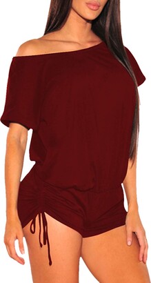 Summer Women's Casual Rompers Zip Up Rib-Knit Romper Short Sleeve