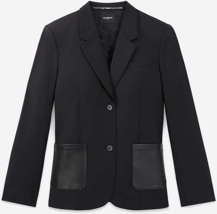 The Kooples Fitted black wool jacket with leather pockets