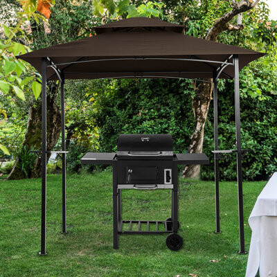 Latitude Run Outdoor Grill Shelter Gazebo 8X5 Ft Protection Canopy Steel Construction - Brown Tent Blocking Frame