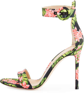 Floral-Print Ankle-Strap Sandals, Red