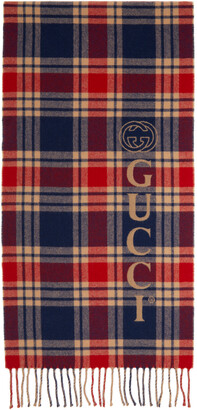 Gucci Navy & Beige Wool Check Logo Scarf