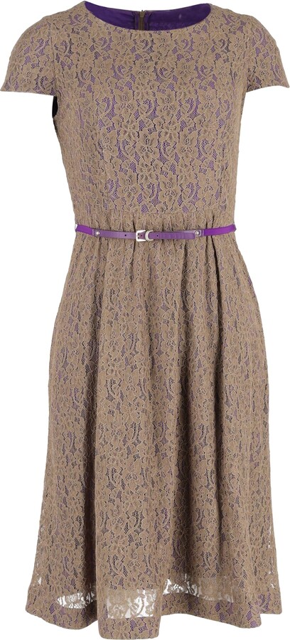 Belted Lace Midi Dress in Brown Polyester
