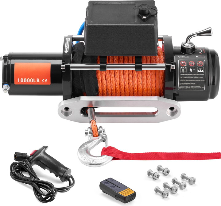 SKYSHALO Electric Winch, 10,000 lb Capacity, 12V DC for Trucks, with 7/20 in x 65 ft Synthetic Rope, Aluminum Fairlead, Remote Control Options, IP55 Water Resistance, Ideal for SUV