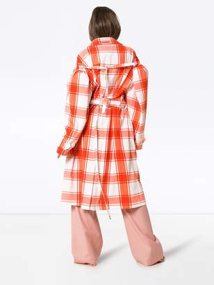 pushBUTTON check-print puff-sleeve trench coat