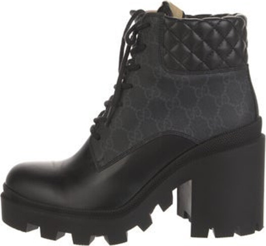 Gucci Leather Ankle Combat Boots Black Quilted Pattern & GG Supreme Leather Trim Round-Toes Platform Lace-Up Closure at Uppers Includes Box & Dust Bag