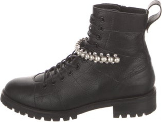 Jimmy Choo Leather Ankle Combat Boots Black Beaded & Crystal Accents Round-Toes Lace-Up Closure at Uppers & Exposed Zip Closure at Sides Includes Box & Dust Bag