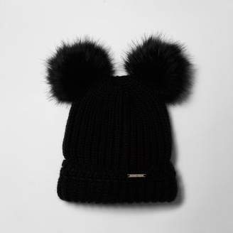 River Womens Black faux fur pom pom ears hat - ShopStyle