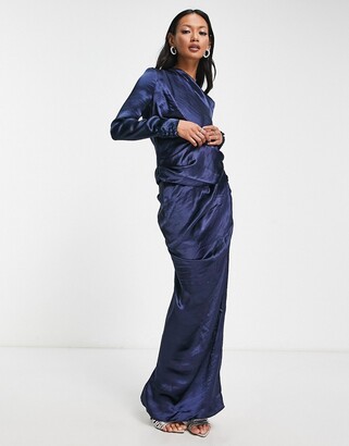 ASOS DESIGN satin high drape neck maxi dress with long sleeves in navy -  ShopStyle
