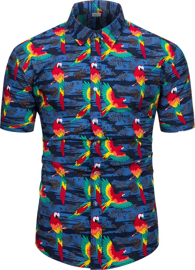 fohemr Mens Hawaiian Parrot Print Short Sleeve Shirt Casual Button Down ...