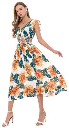 Wantdo Women's Boho Maxi Dress Floral Printing Sexy V-Neck Long Dress Plus Size