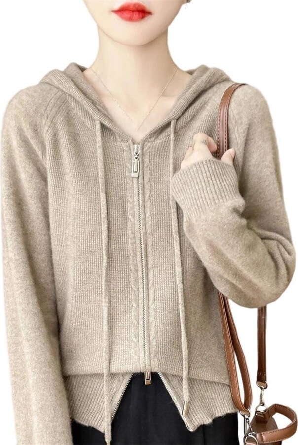 Generic Women's Two Way Zipper Cardigan Fall Winter Hooded Pullover Sweater 100 Percent Merino Wool Solid Color