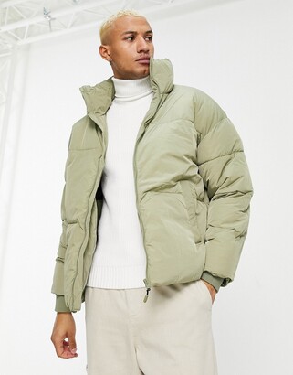 Bershka puffer jacket in khaki - ShopStyle