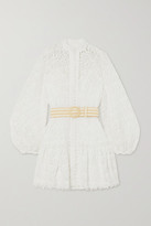 Thumbnail for your product : Zimmermann Belted Button-detailed Guipure Lace Mini Dress - Ivory
