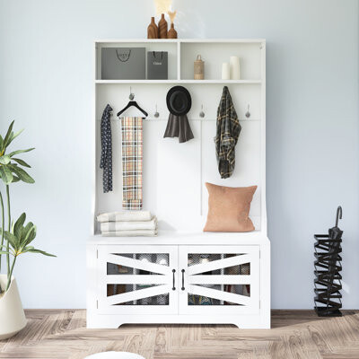 43.3'' Entryway Bench With Coat Rack, 3-In-1 Design And Adjustable Shelves, Hall Tree With 7 Hooks