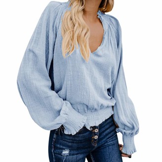 Sunday77 Blouse Women Blouse Top Clearance Sunday77 V-Neck Solid Linen Short Puff Sleeve Ruched Loose Long Sleeve Casual Shirt Pullover Blue