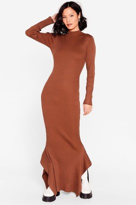 Nasty Gal Womens Ribbed Long Sleeve Waterfall Maxi Dress - Chocolate