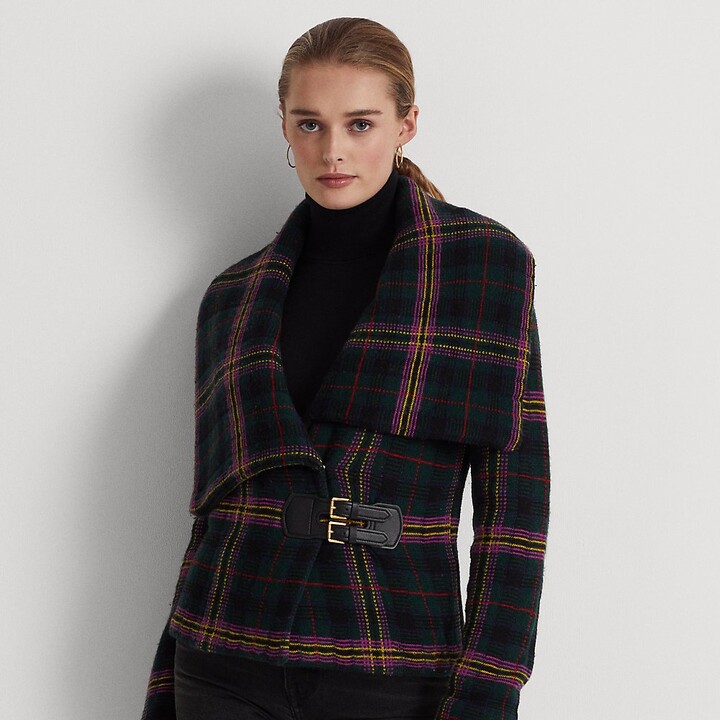 Lauren Ralph Lauren Plaid Belted Fringe Wool Blend Jacket