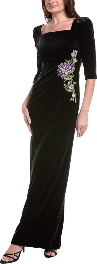 Teri Jon by Rickie Freeman Velvet Elbow Sleeve Floral Applique Gown