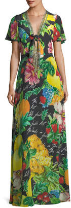 Camilla Tie-Front Short-Sleeve Floral-Print Silk Maxi Dress