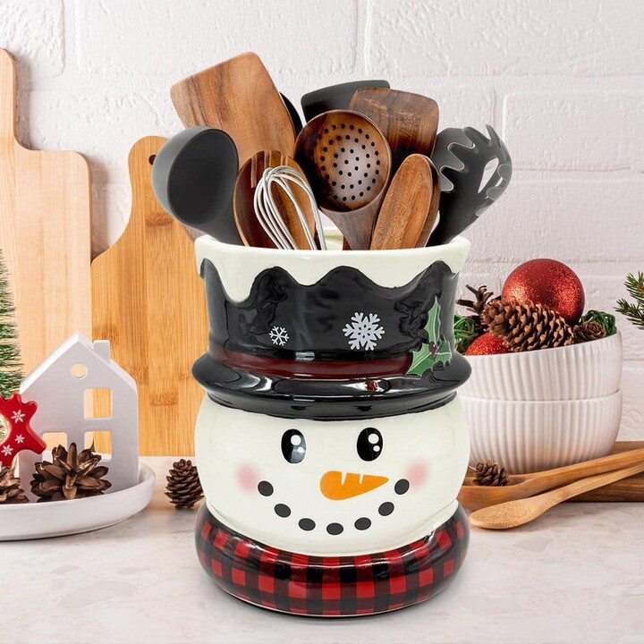 Wudkey 6.3 in. Christmas Snowman Ceramic Utensil Holder in White Finish, Rustic Farmhouse Kitchen Decor with Holiday Cheer
