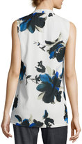 Thumbnail for your product : St. John Painted Oleander-Print V-Neck Shell, Blue Pattern