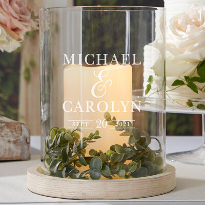 Personalization Mall Moody Chic Personalized Wedding Hurricane With Whitewashed Wood Base