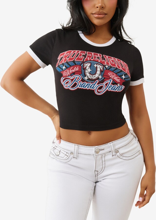 True Religion Women's Crystal Contrast Ringer Crew Neck T-Shirt - Black, White