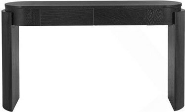 Latitude Run Exquisite Entryway Console Table With Natural Wood Grain And Fluted Design Featuring Oval Top And Two Drawers For Home Decor.