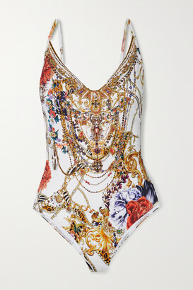 Camilla Reign Supreme Crystal-embellished Printed Recycled Underwired Swimsuit - White