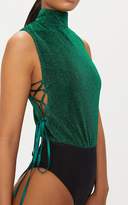 Thumbnail for your product : PrettyLittleThing Green High Neck Sparkle Lace Up Side Thong Bodysuit