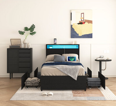 Full Size Bed Frame With LED Storage Headboard, 2 Drawers & Charging Station - Modern Platform Bed, No Box Spring Needed, Easy Assembly (Black)
