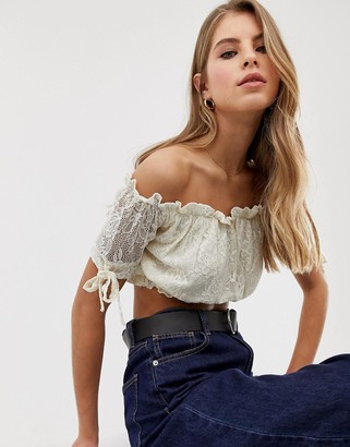 Qed London off shoulder crop top with lace sleeve in white