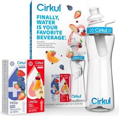 TUKO Cirkul 22oz. BPA-Free Plastic Water Bottle Starter Kit with Blue Lid, 2 Flavor Cartridges (1 LifeSip Fruit Punch, 1 FitSip Mixed Berry) Zero...