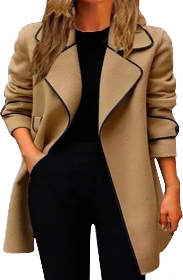 Generic Womens Mid-Length Woolen Jacket Coat Plus Size Long Sleeve