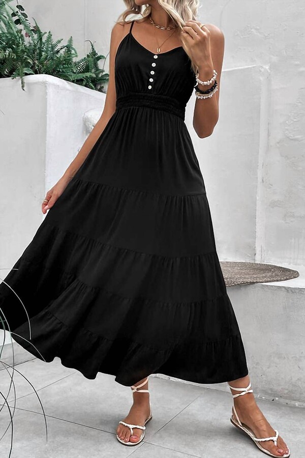 UNISHE Buttoned Smocked Waist Maxi Dress In Black