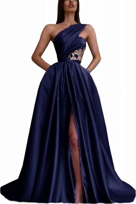 DELEND Long Prom Evening Dresses for Women One Shoulder Pleated Satin Gold Sequins Applique Formal Gowns-Fuschia_M